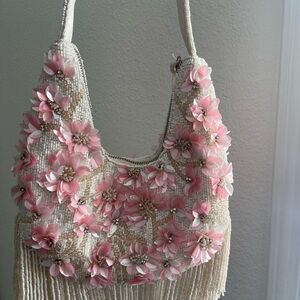 Floral Embellished Cream and Pink Women's Bag